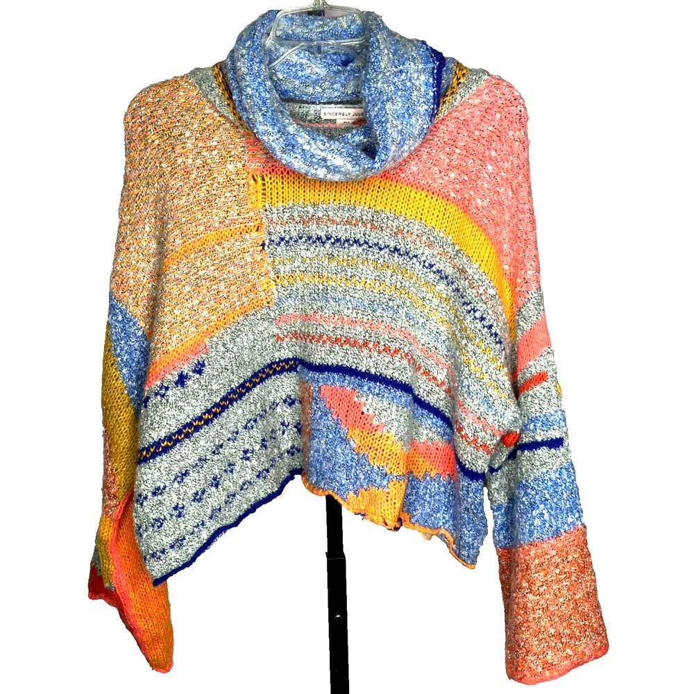 Sincerely Jules sweater patchwork Boho Chunky Knit Cropped WOOL blend size Small
